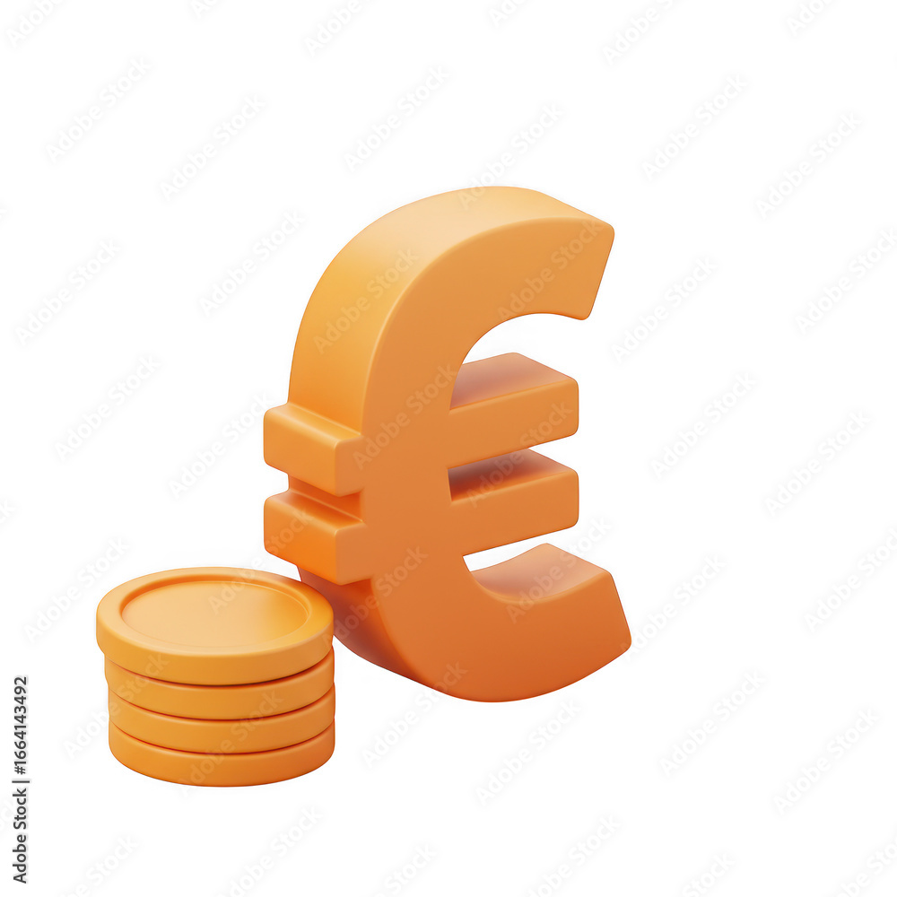 Poster euro symbol with stack of coins isolated on transparent background