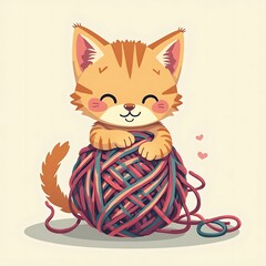 Cute Kitten Playing with Yarn Ball Illustration Art