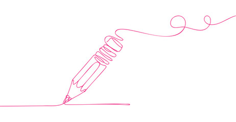 Minimalist continuous line drawing of pink pencil writing, symbolizing creativity, education, art, expression, and learning process