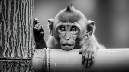 A curious young monkey peeks over a bamboo branch, its innocent eyes gazing forward with a hint of wonder, while its paw rests on a textured tree trunk