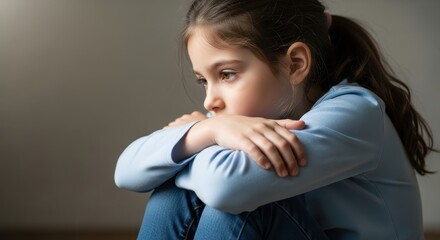 Pensive Young Girl Deep in Thought with Arms Around Legs, Minimal Background for Simple Focus and Emotional Portraiture