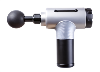 Silver and percussion massage gun with round head attachment percussion massager isolated on a transparent background