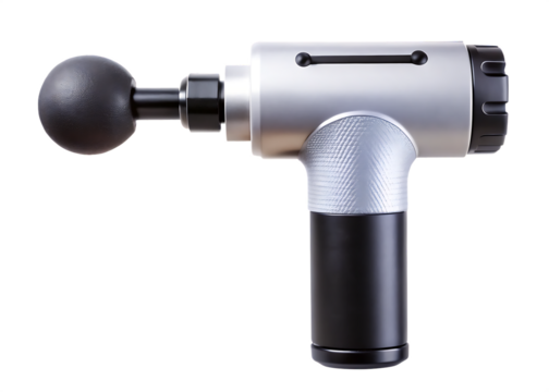 Silver and percussion massage gun with round head attachment percussion massager isolated on a transparent background