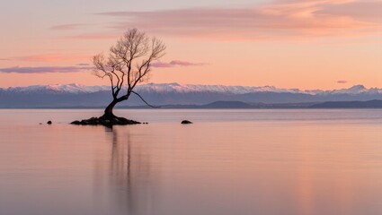 Naklejka premium Lone tree on a calm lake at sunrise with snow-capped mountains