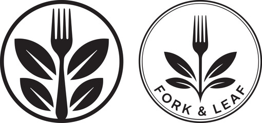 A minimalist black and white circular logo featuring a fork with leaves, representing healthy, natural, and organic food or dining for vegan day