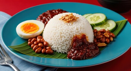 Vibrant Malaysian Nasi Lemak Platter with Spicy Sambal on a Contrasting Blue Plate