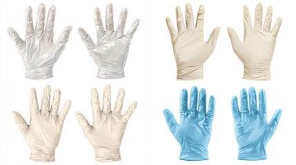 Obraz premium Four pairs of disposable gloves displayed against a white background; two pairs are clear, one pair is beige, and one pair is light blue, all shown with palms up