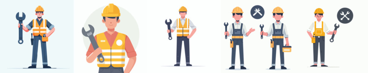 Engineer or Mechanic in Uniform Holding Large Wrench Vector Illustration