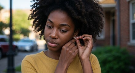 Girl adjusting earring in warm midday light with soft focus and urban background in inclusive