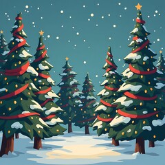Decorated Evergreen Trees in Winter Snow Falling Scene