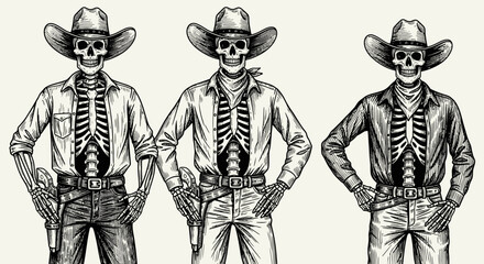 Obraz premium Three skeletal cowboys, in various attire, stand with hands on hips, depicted in a vintage woodcut style.