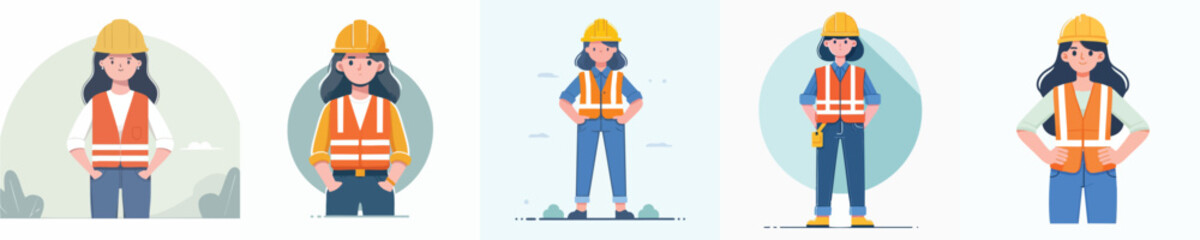 Female Construction Worker in Hard Hat and Safety Vest Standing Illustration