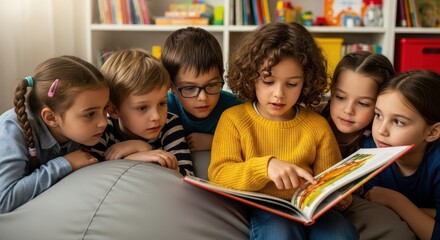 A Diverse Group of Young Children Gathered Together, Engrossed in Reading an Open Book