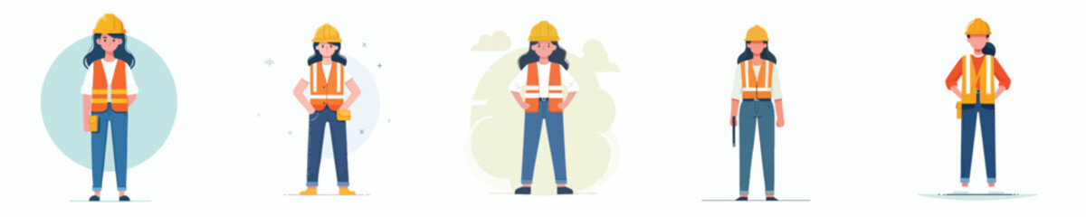 Female Engineer in Safety Vest and Helmet Standing Pose Vector Illustration