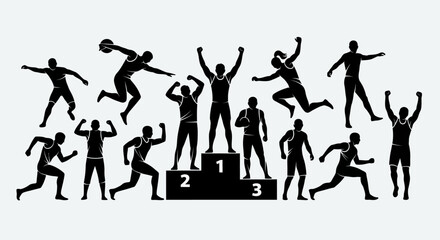 Silhouette illustration of various athletes in action and on a podium.