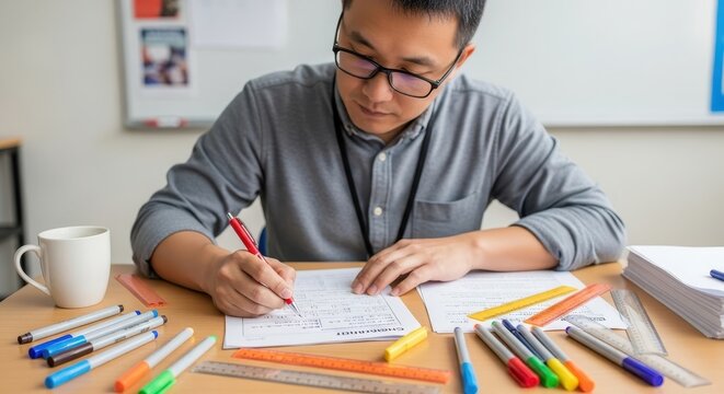 Professional male educator with glasses diligently grading student assignments in a sunlit classroom - Powered by Adobe