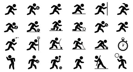 Collection of stylized black and white icons depicting various athletic activities and sports.