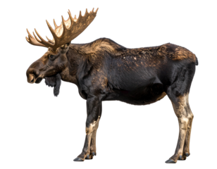 Majestic Moose with Large Antlers Standing in Profile, Isolated Transparent Background PNG
