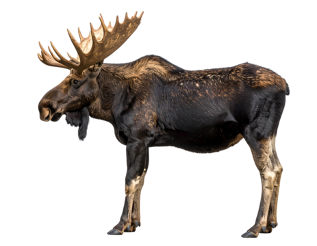 Majestic Moose with Large Antlers Standing in Profile, Isolated Transparent Background PNG