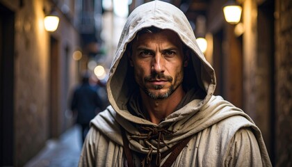 A hooded man with a beard stands in a dimly lit alleyway.