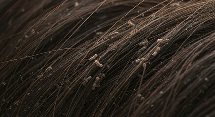Macro view of lice nits clinging to dark brown hair