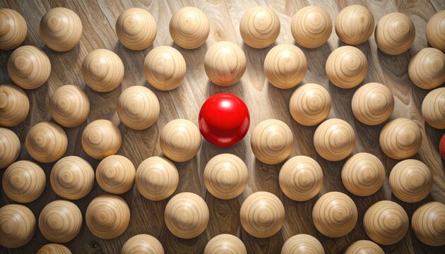 Unique red ball in the group of wooden red balls, being different concept, noticable in the crowd. Abstract and conceptual. Detailed high quality image. 