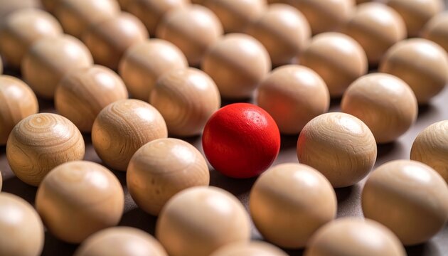 Unique red ball in the group of wooden red balls, being different concept, noticable in the crowd. Abstract and conceptual. Detailed high quality image. 