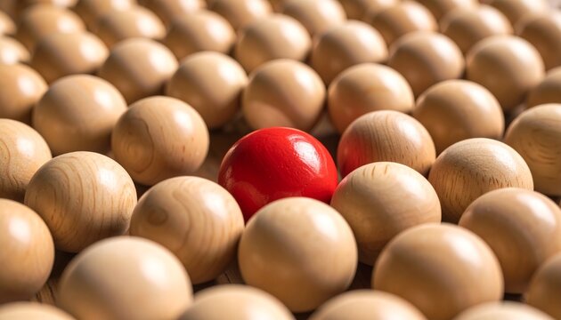 Unique red ball in the group of wooden red balls, being different concept, noticable in the crowd. Abstract and conceptual. Detailed high quality image. 