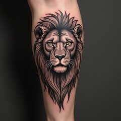 Lion Tattoo on Skin Detailed Artistic Black Gray Yellow