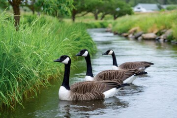 Obraz premium Canada geese swimming in the river near green grass