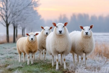 Sheep standing in frosty field during sunrise in winter