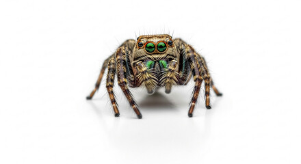 Fototapeta premium A close-up, front-facing view of a jumping spider with striking green eyes against a clean white background.