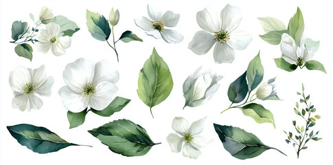 Obraz premium Watercolor White Flowers & Green Leaves Pop on White. Use for stationery, cards, wedding invitations, product design.