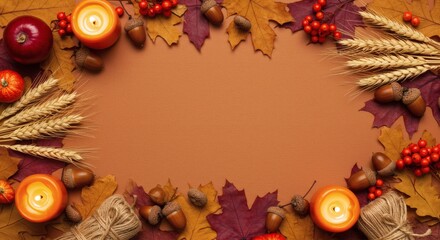 Warm Autumnal Display with Foliage and Berries Framing Ample Thanksgiving Wallpaper for Copy Space, Capturing the Essence of Harvest Gratitude and Seasonal Abundance.