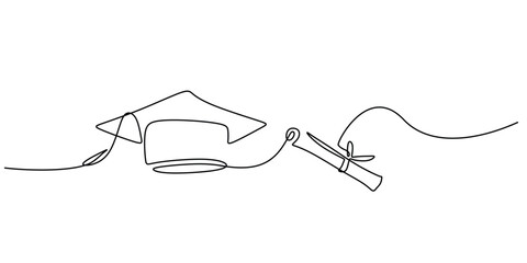 Fototapeta premium One Line Drawing of Graduation Cap and Diploma Scroll