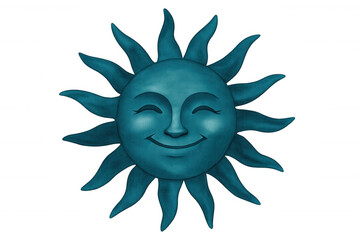 Fototapeta premium Smiling turquoise sun character with closed eyes, radiating cheerful summer warmth against transparent backdrop