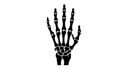 A stark black silhouette of a human skeletal hand, detailed and anatomically correct.