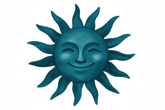 Smiling turquoise sun character with closed eyes, radiating cheerful summer warmth against transparent backdrop