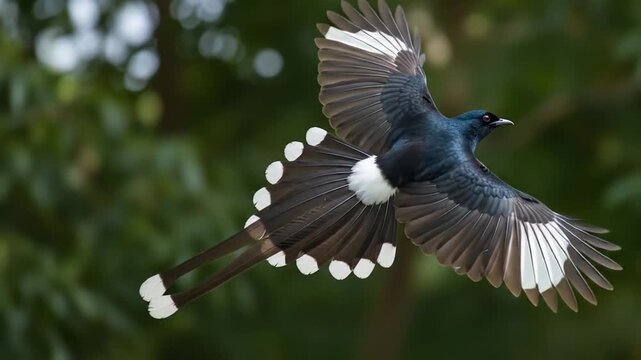 Captivating footage of a male racket-tailed drongo gracefully soaring through lush greenery in its