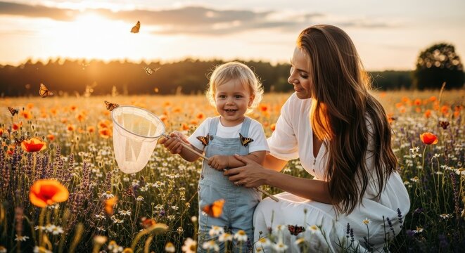 Fototapeta Happy mother and child bonding in a beautiful wildflower field, learning to catch butterflies during golden hour
