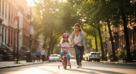 Mother teaching her happy daughter to ride a bicycle on a beautiful sunlit urban street during a bright morning