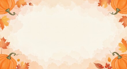 Cozy Autumnal Watercolor Border Design Featuring Pumpkins and Maple Leaves, an Ideal Thanksgiving Wallpaper for Copy Space, Perfect for Seasonal Greetings and Fall Holiday Content.