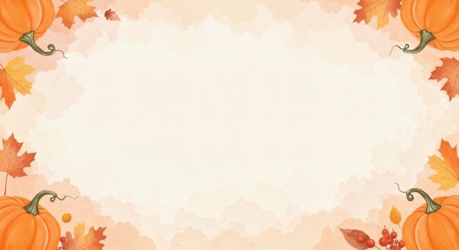 Cozy Autumnal Watercolor Border Design Featuring Pumpkins and Maple Leaves, an Ideal Thanksgiving Wallpaper for Copy Space, Perfect for Seasonal Greetings and Fall Holiday Content.