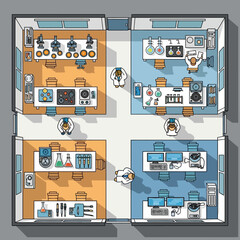 Conceptual illustration of a scientific laboratory floor plan with researchers and equipment working with advanced technology
