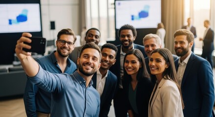Engaged business team taking a cheerful group selfie during a conference break, showcasing collaboration and success