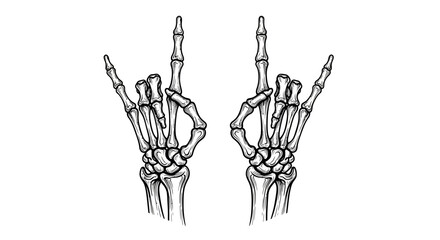 Two skeletal hands raised in a rock and roll gesture, isolated on white.