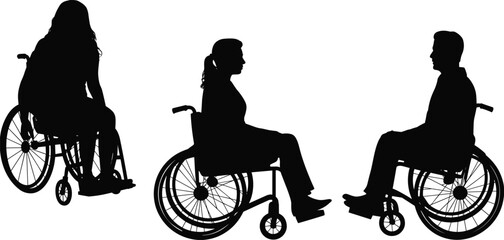 Fototapeta premium Silhouette of disabled man and women sitting in wheelchairs, illustrating disability, mobility aid, healthcare, and accessibility for inclusion and awareness