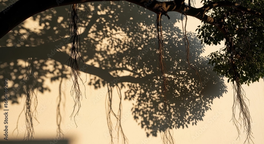 Poster natural light creates intricate tree shadow patterns, revealing delicate branch and root textures on