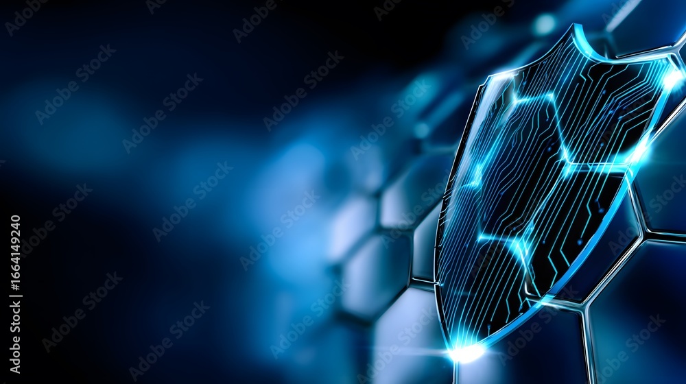 Poster hexagonal grid with illuminated circuit patterns on a dark background