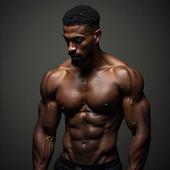 Muscular Man with Defined Abs Posing with Dramatic Lighting on Gray Background